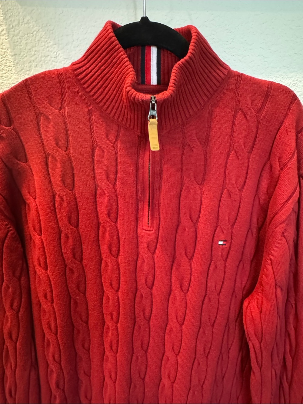 Tommy Hilfiger Men’s XL Red Cable Knit Quarter Zip Sweater 100% Cotton